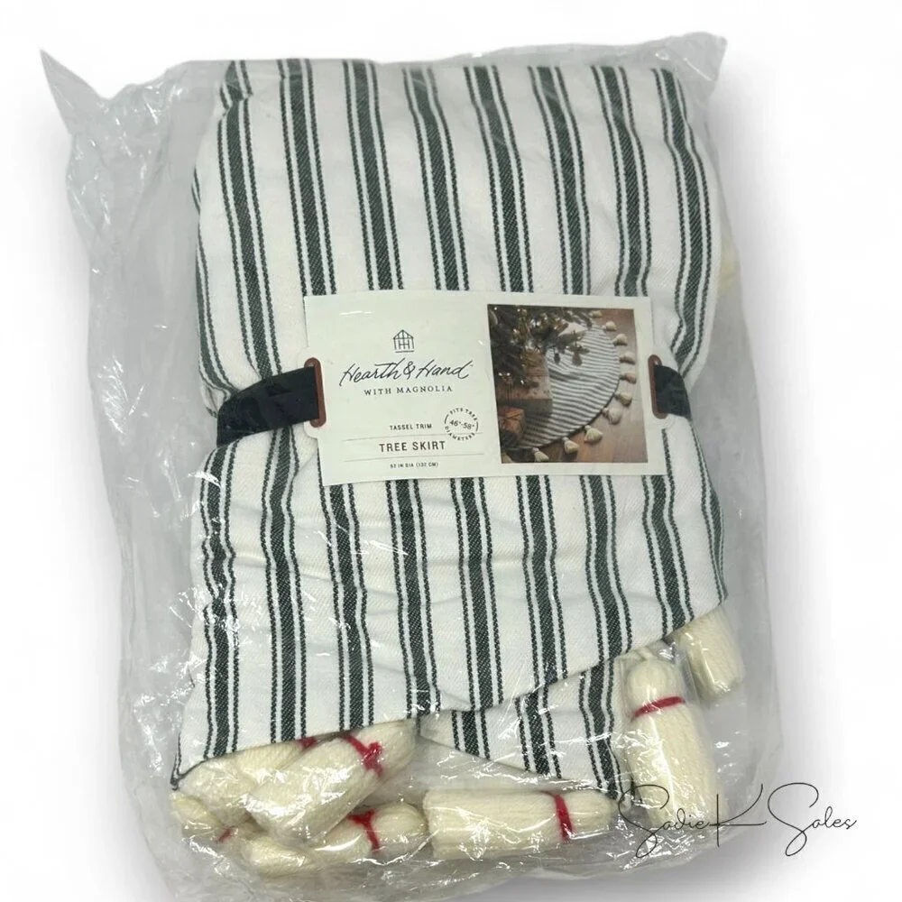 Ticking Stripe Christmas Tree Skirt w/ Tassels Green - Hearth & Hand Magnolia‎